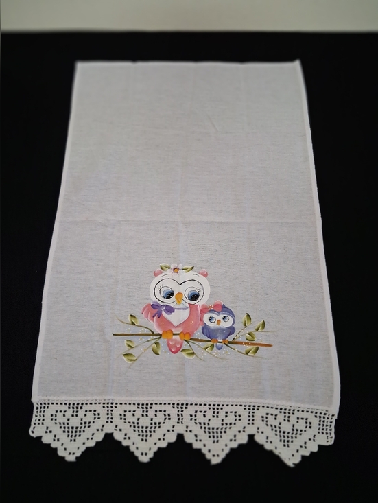 Other - Painted Owl Tea Towel with Crochet Edge - White